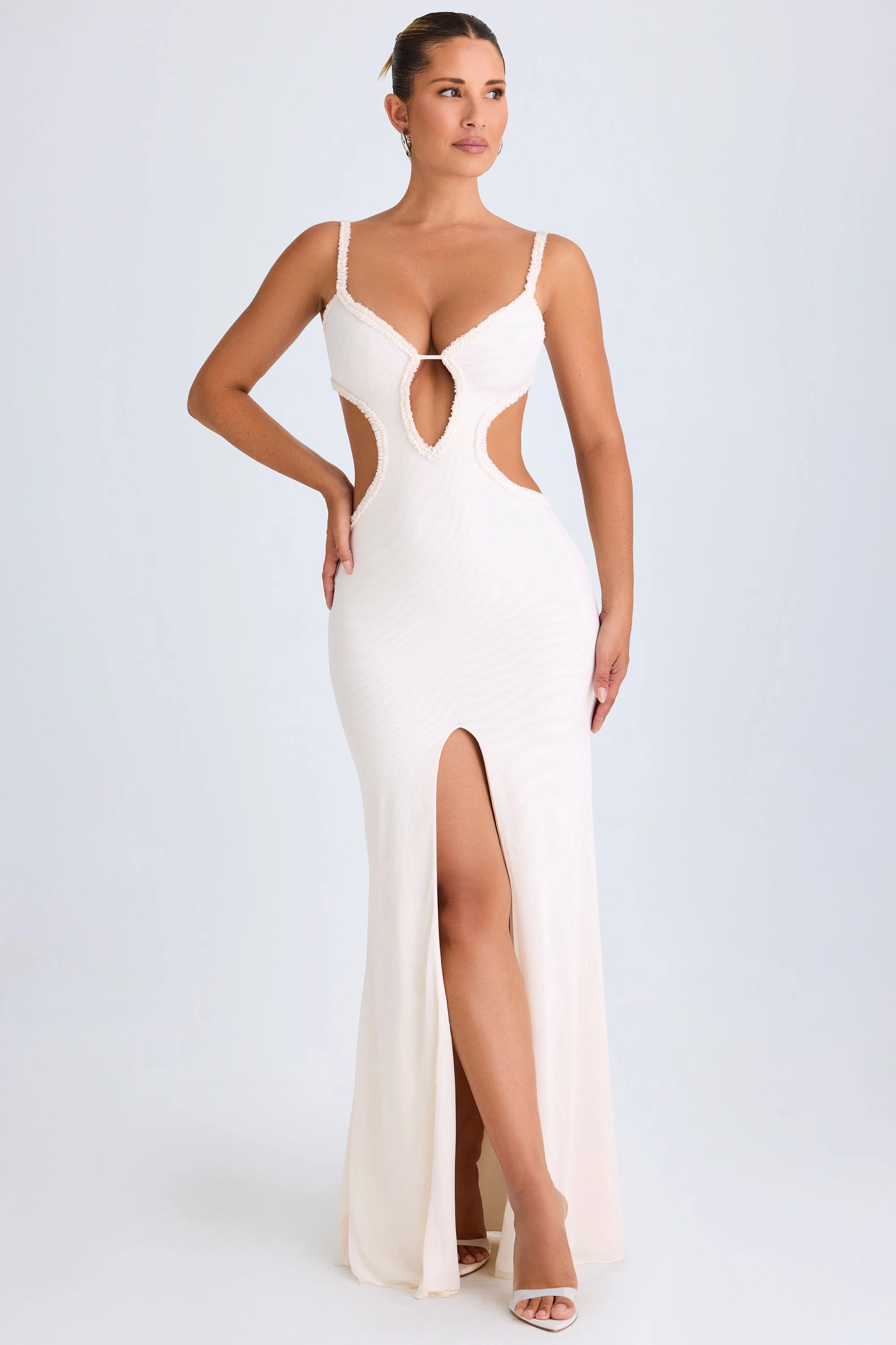 Ruffle-Appliqu Cut-Out Maxi Dress in White
