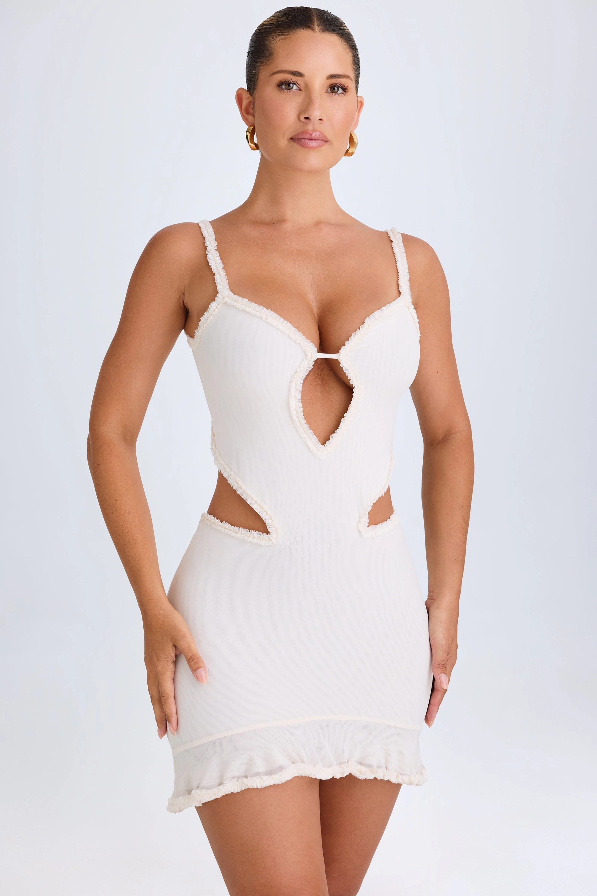 Ruffle-Appliqu Cut-Out Mini Dress in White