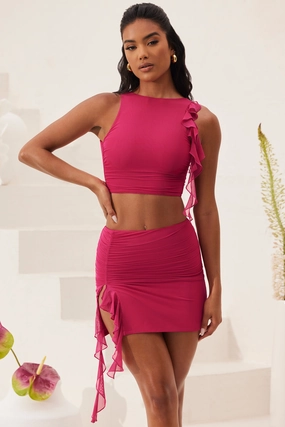 Ruffle Split Mini Skirt in Fuchsia Bottoms Womens - women's pants clearance