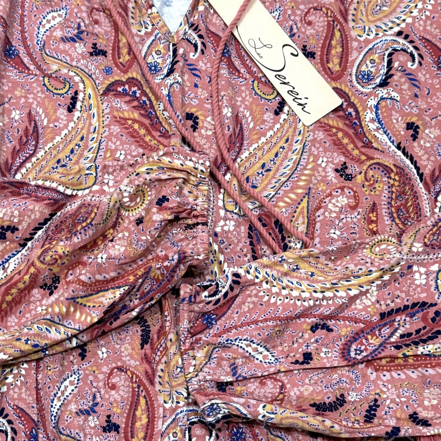 Ruffle Split Neck Blouse In Pink Paisley