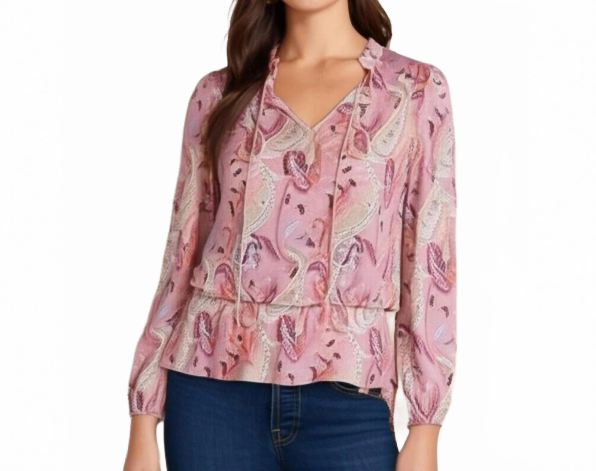 Ruffle Split Neck Blouse In Pink Paisley
