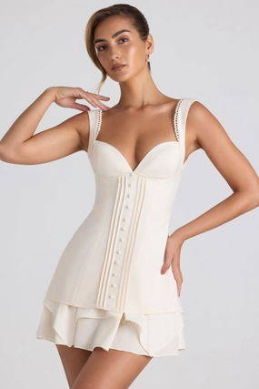 Ruffle-Trim Button-Detail Corset Mini Dress in Ivory Dresses outlet online