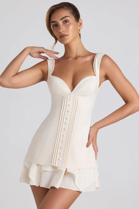 Ruffle-Trim Button-Detail Corset Mini Dress in Ivory Dresses - party dresses cheap