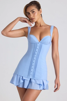 Ruffle-Trim Button-Detail Corset Mini Dress in Sky Blue Dresses - party dresses cheap