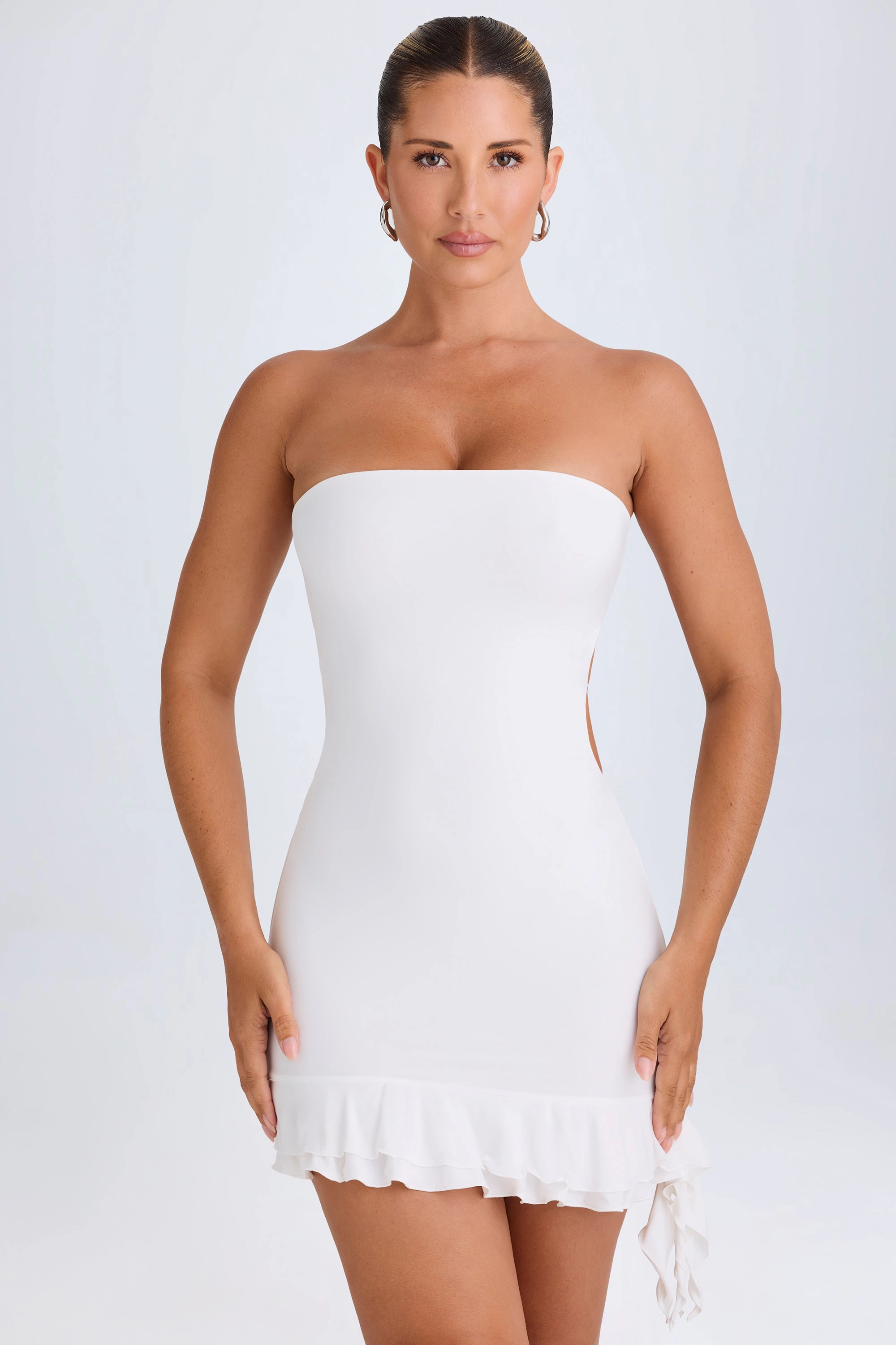 Ruffle-Trim Cut-Out Bandeau Mini Dress in White Dresses outlet online