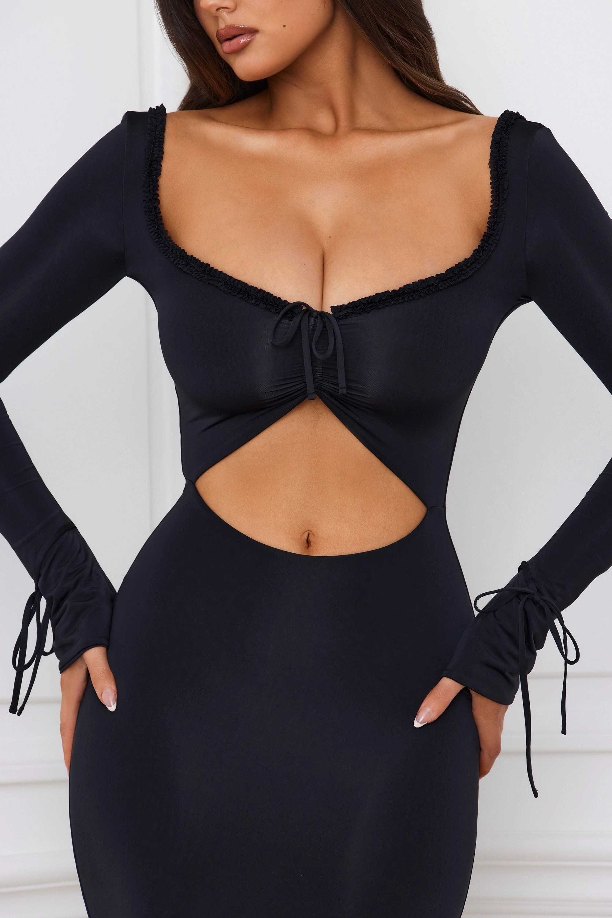 Ruffle-Trim Cut-Out Maxi Dress in Black