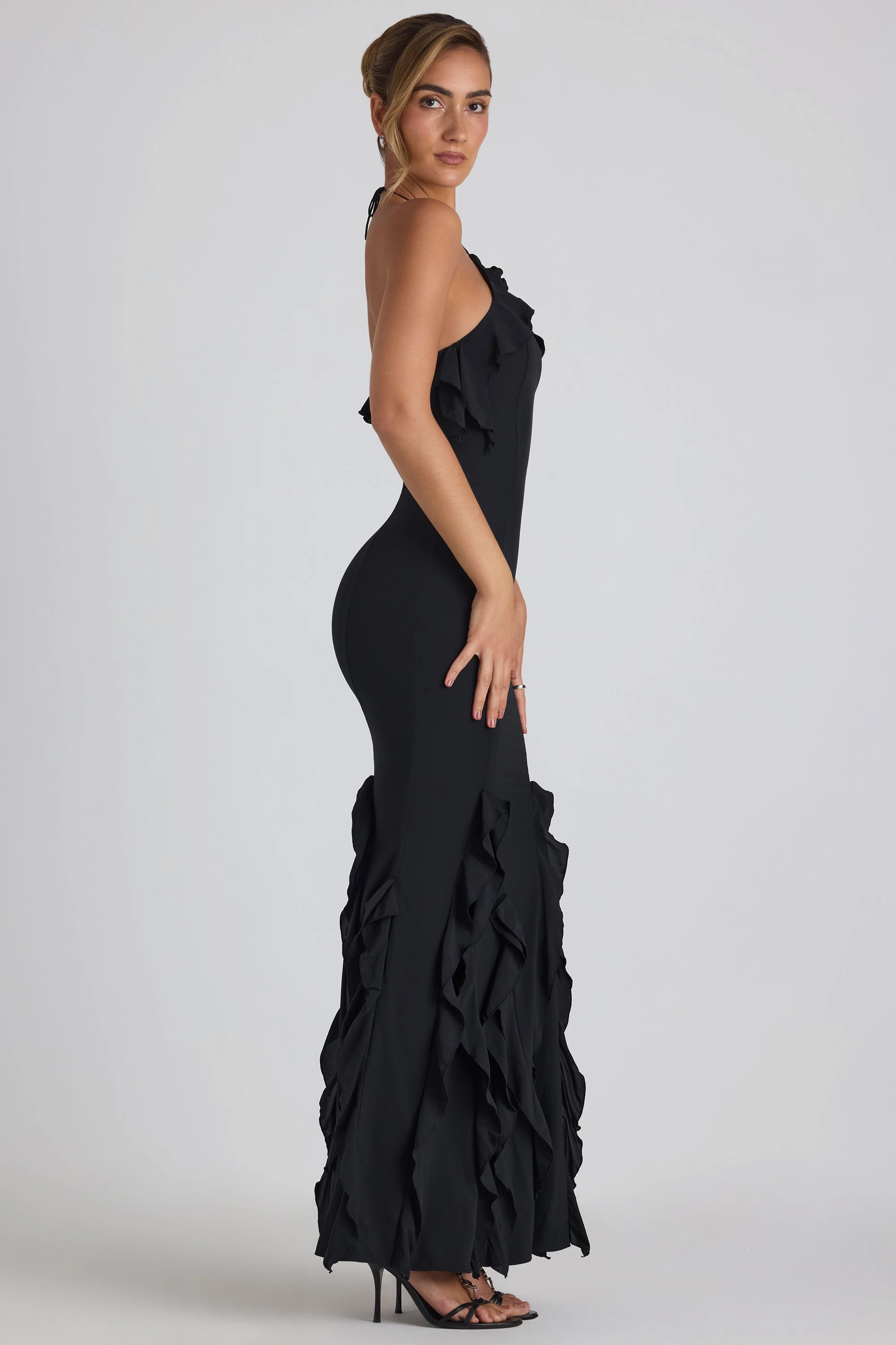 Ruffle-Trim Halterneck Gown in Black