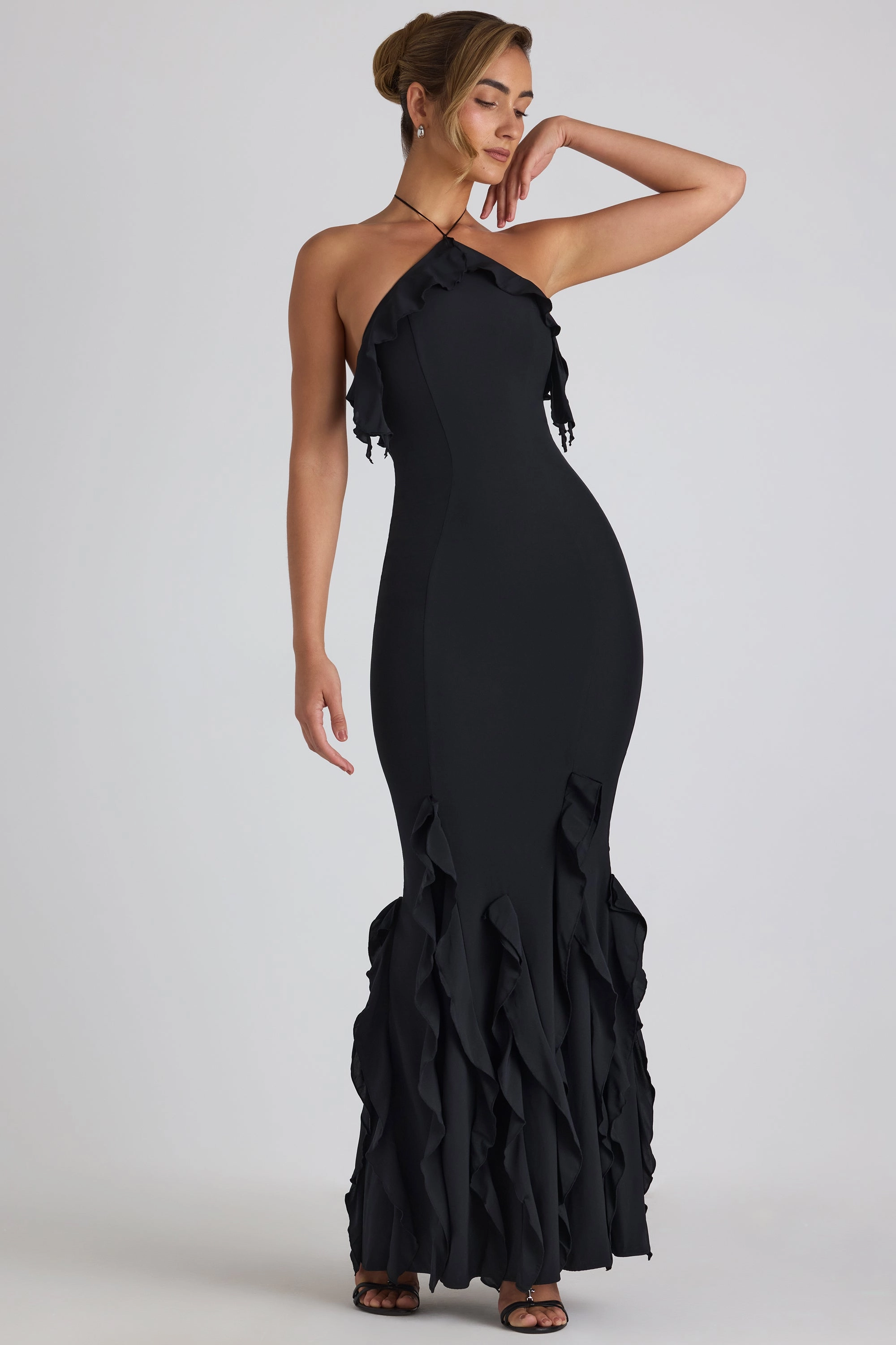 Ruffle-Trim Halterneck Gown in Black Dresses - maxi dresses best price