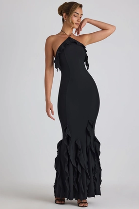 Ruffle-Trim Halterneck Gown in Black Dresses - maxi dresses best price