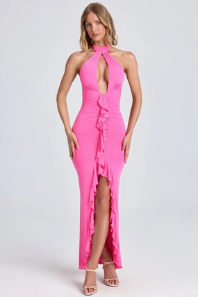 Ruffle-Trim Halterneck Gown in Lollipop Pink Dresses best price