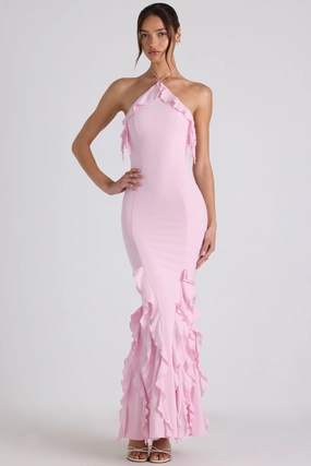 Ruffle-Trim Halterneck Gown in Soft Pink Dresses best price