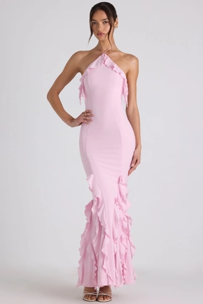 Ruffle-Trim Halterneck Gown in Soft Pink Dresses - cocktail dresses sale
