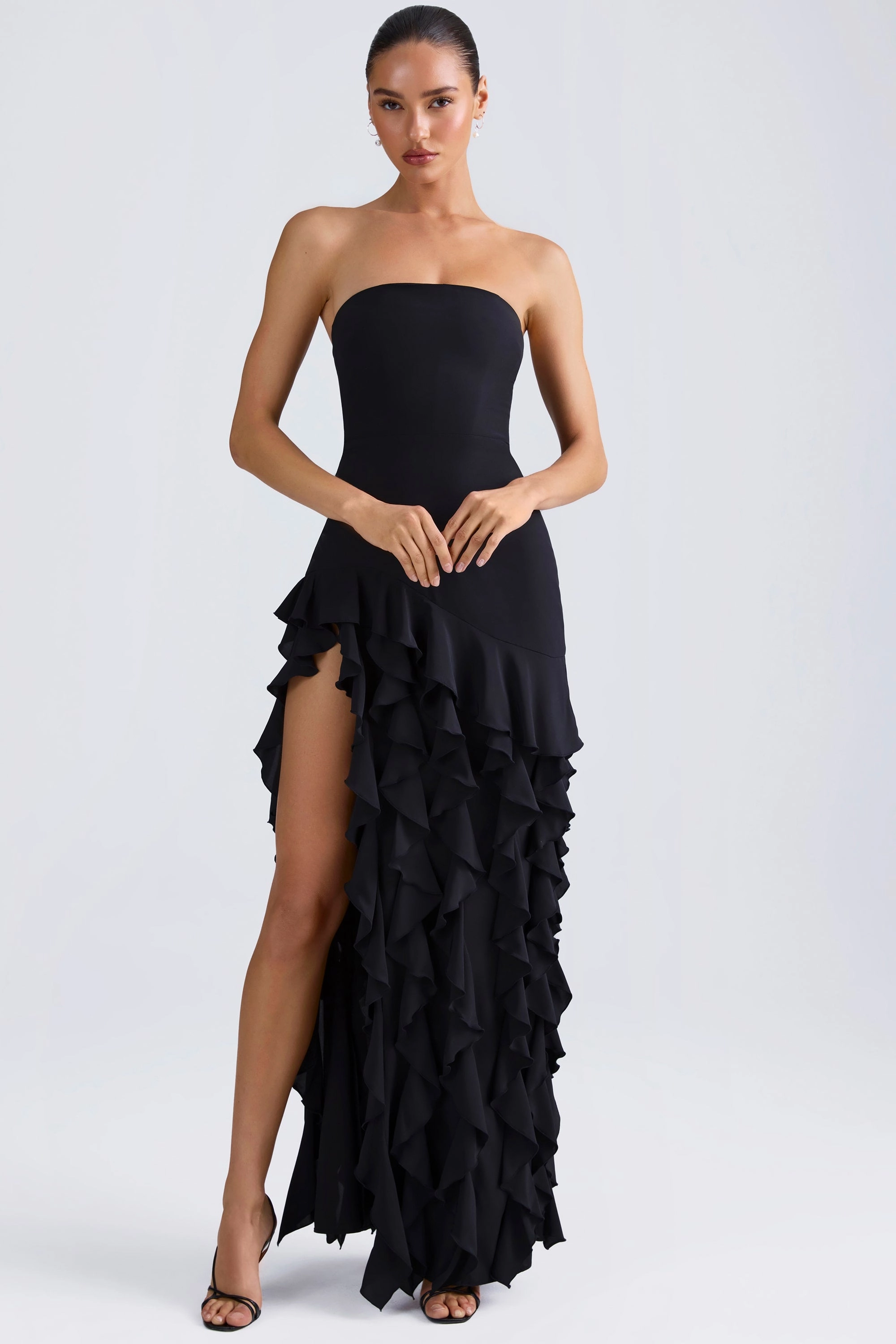 Ruffle-Trim Strapless Gown in Black Dresses - maxi dresses best price