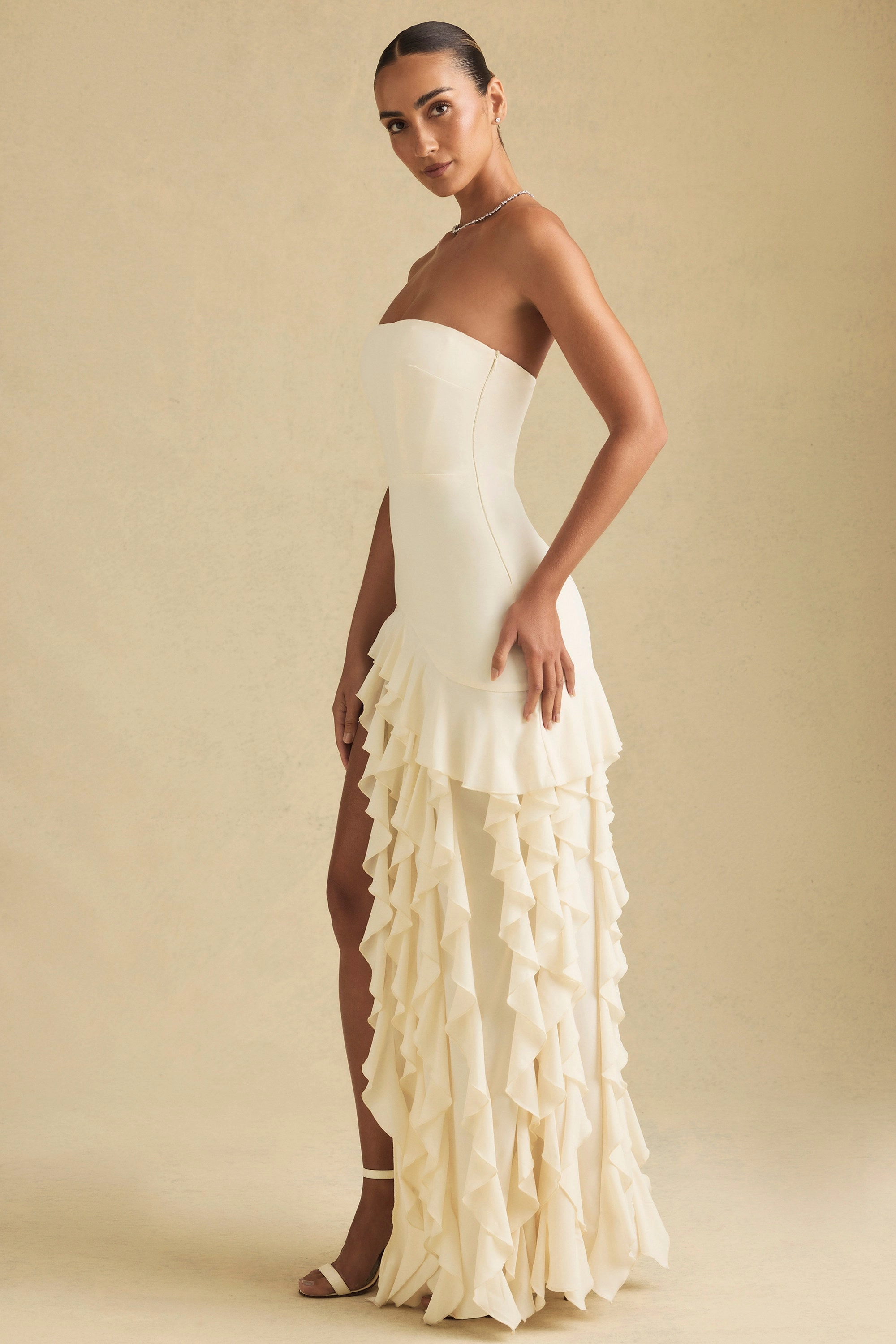 Ruffle-Trim Strapless Gown in Ivory