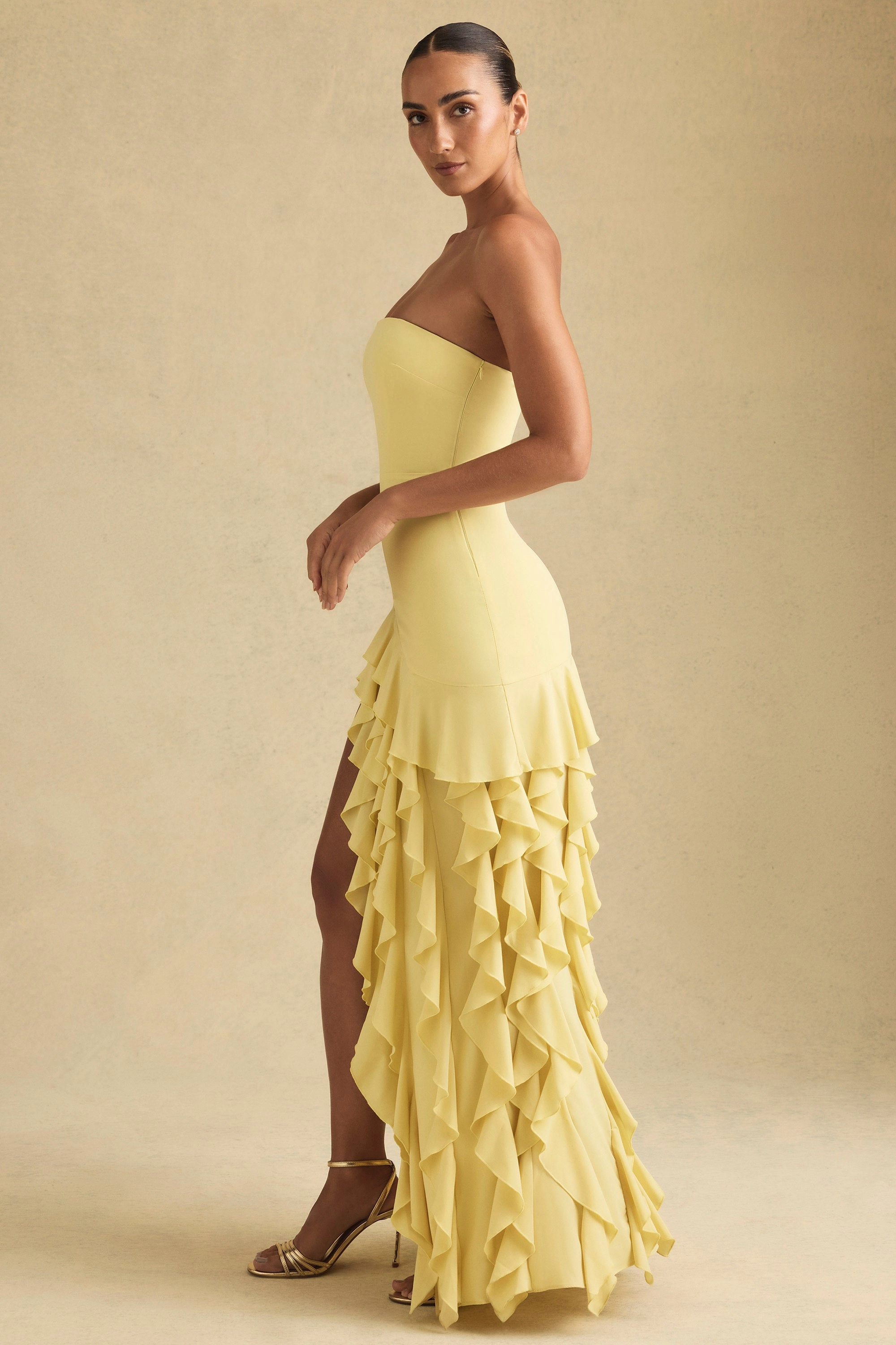Ruffle-Trim Strapless Gown in Pastel Yellow