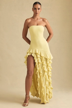 Ruffle-Trim Strapless Gown in Pastel Yellow Dresses - maxi dresses best price
