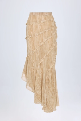 Ruffled Asymmetric Mid-Rise Maxi Skirt in Tan Print Bottoms Womens - women's pants clearance