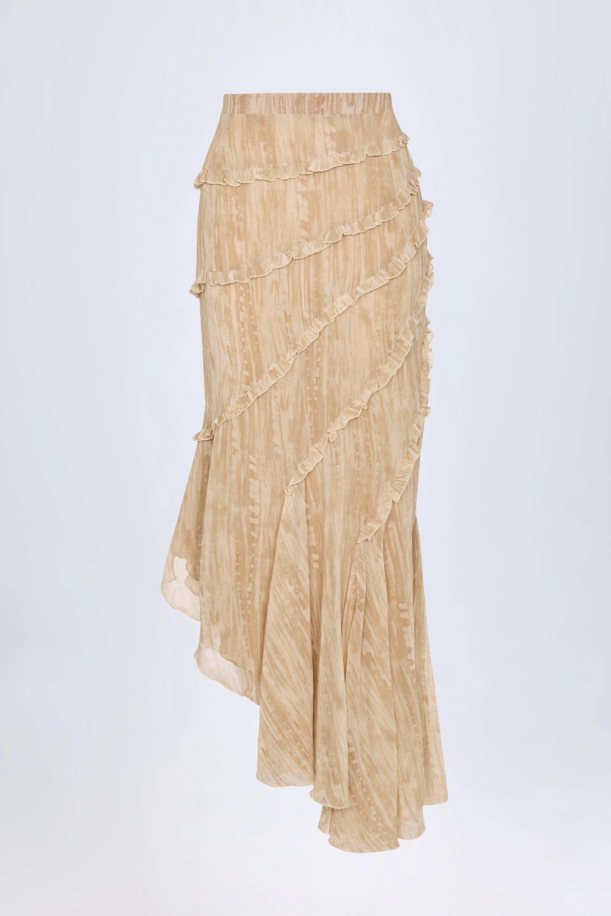 Ruffled Asymmetric Mid-Rise Maxi Skirt in Tan Print Bottoms Womens - women's pants clearance