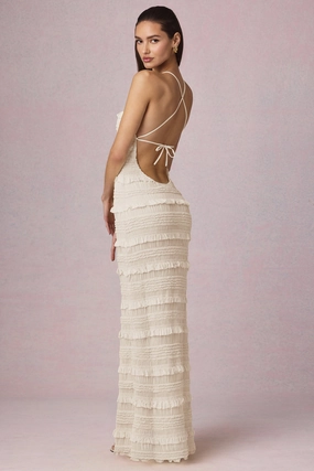 Ruffled Backless Halterneck Maxi Dress in Ivory Dresses - cocktail dresses sale