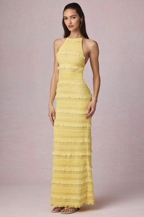 Ruffled Backless Halterneck Maxi Dress in Lemon Yellow Dresses - cocktail dresses sale