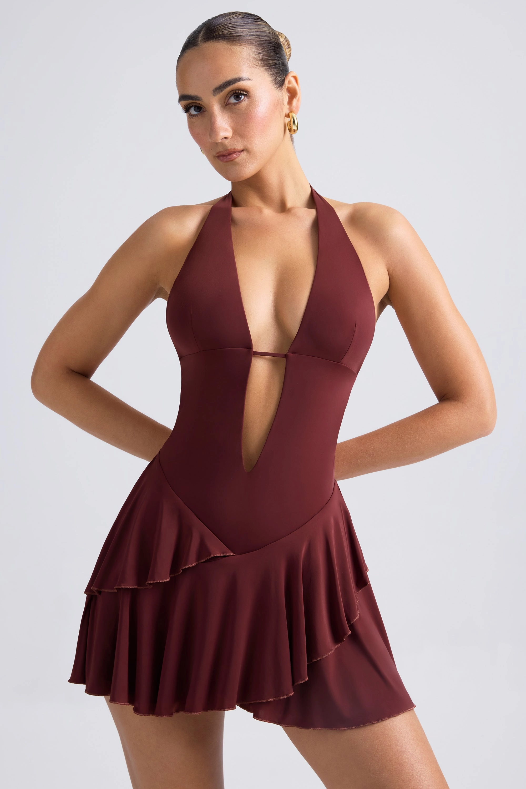 Ruffled Cut-Out Halterneck Mini Dress in Chestnut Brown