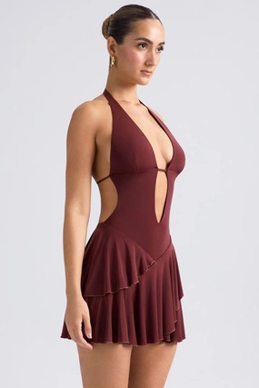 Ruffled Cut-Out Halterneck Mini Dress in Chestnut Brown Dresses - cocktail dresses sale
