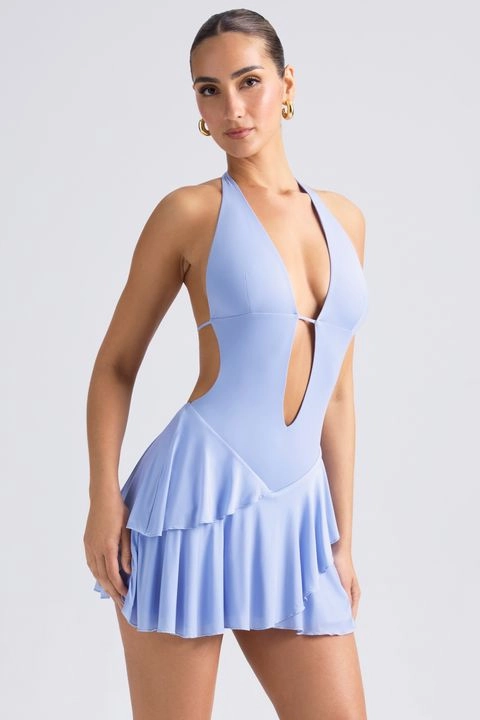 Ruffled Cut-Out Halterneck Mini Dress in Periwinkle Blue Dresses - cocktail dresses sale