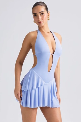 Ruffled Cut-Out Halterneck Mini Dress in Periwinkle Blue Dresses - cocktail dresses sale
