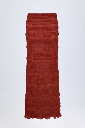 Ruffled Mid-Rise Maxi Skirt in Burnt Red Bottoms Womens - women's pants clearance