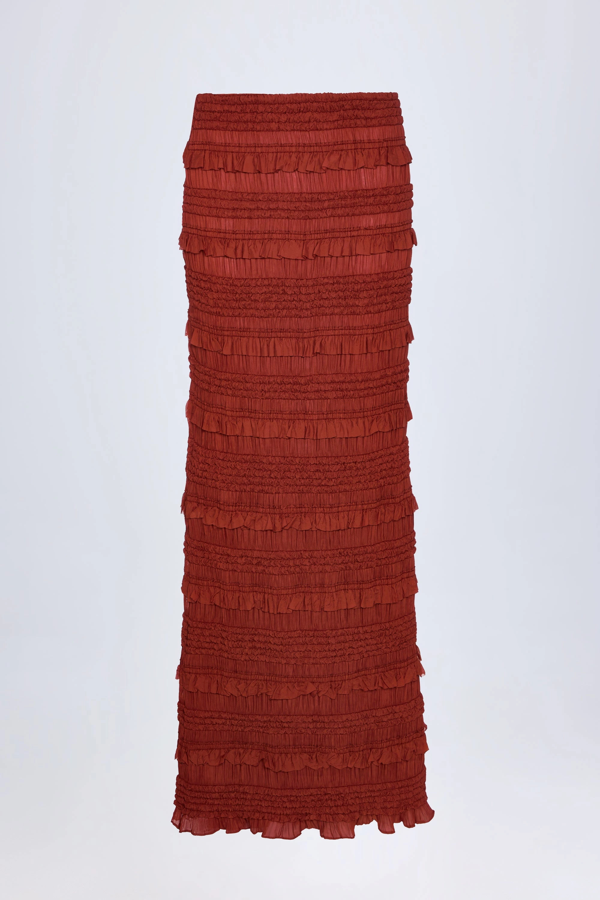 Ruffled Mid-Rise Maxi Skirt in Burnt Red Bottoms Womens - women's pants clearance