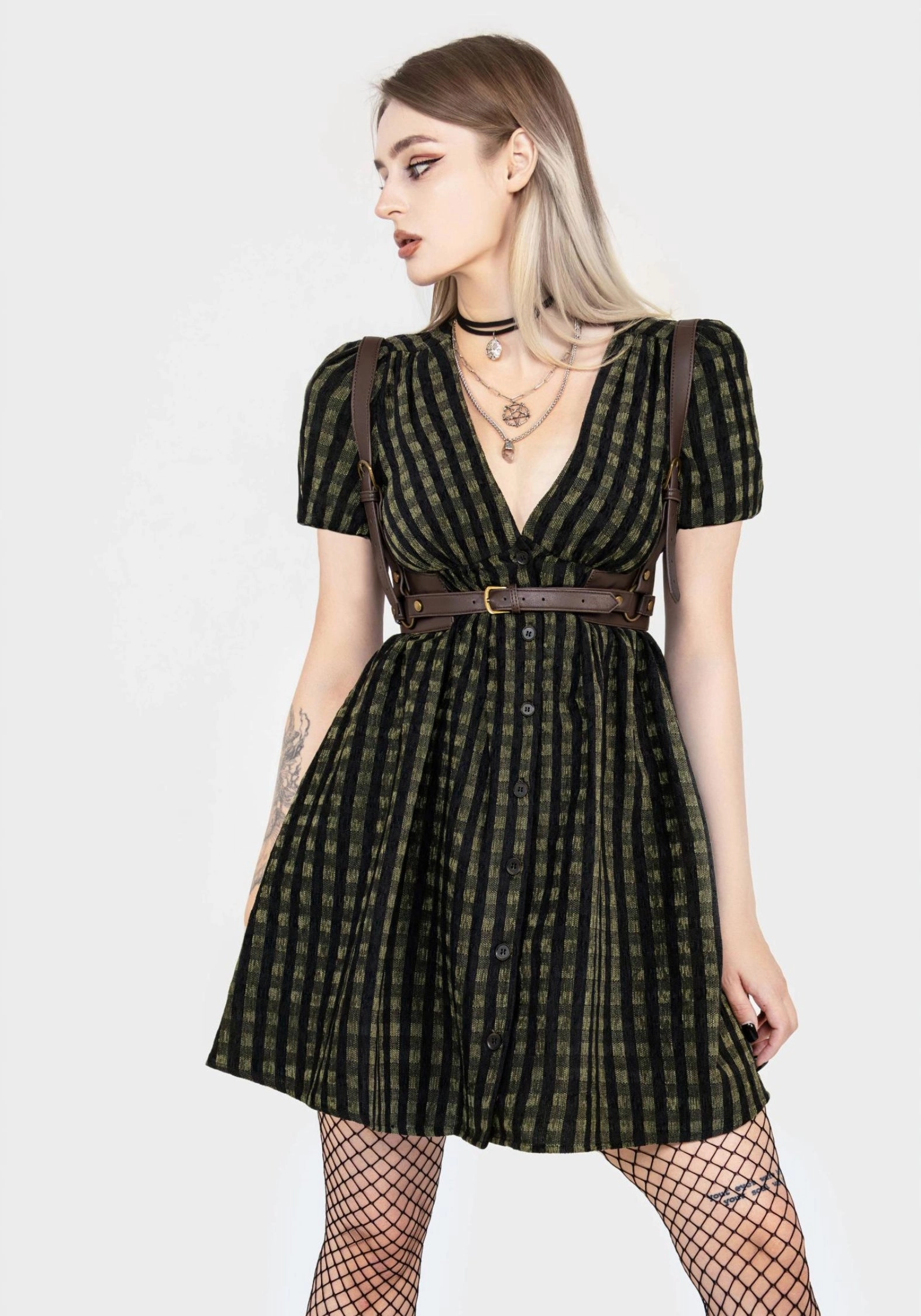 Rydal Check Button Up Mini Dress - Green Dresses Womens - women's dresses clearance