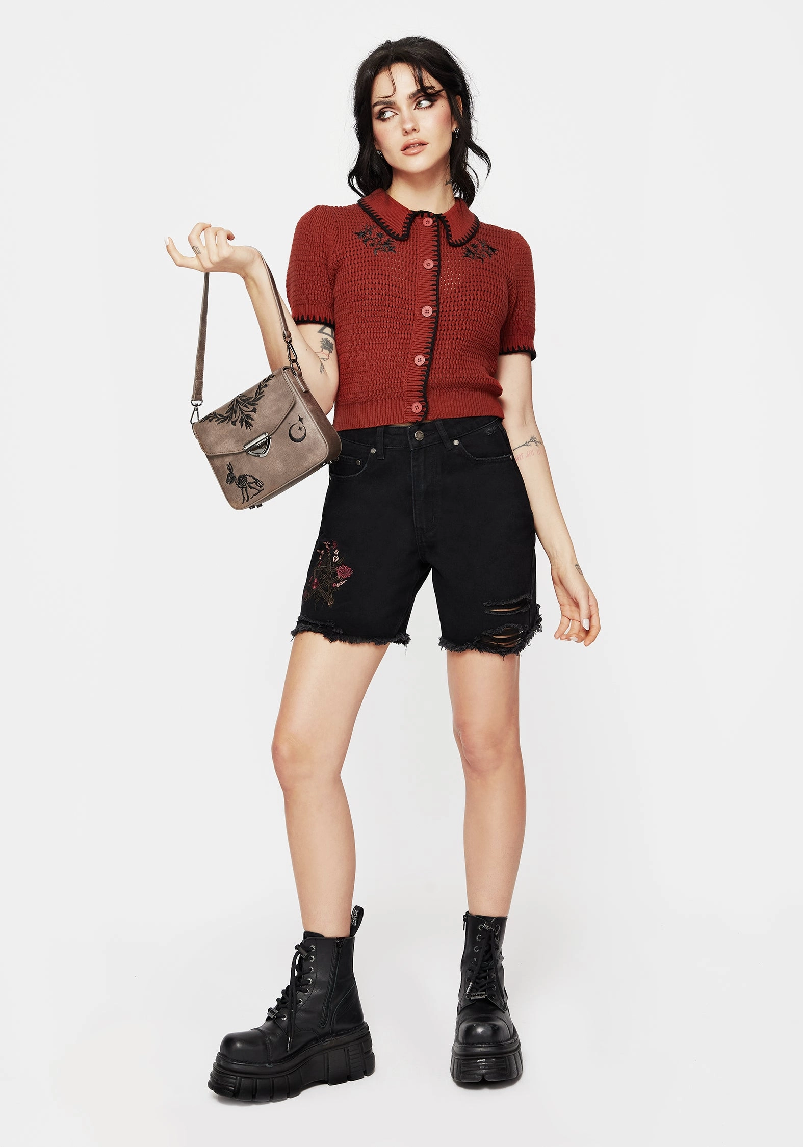 Saffron Floral Embroidered Scallop Collar Pointelle Knit Cardigan