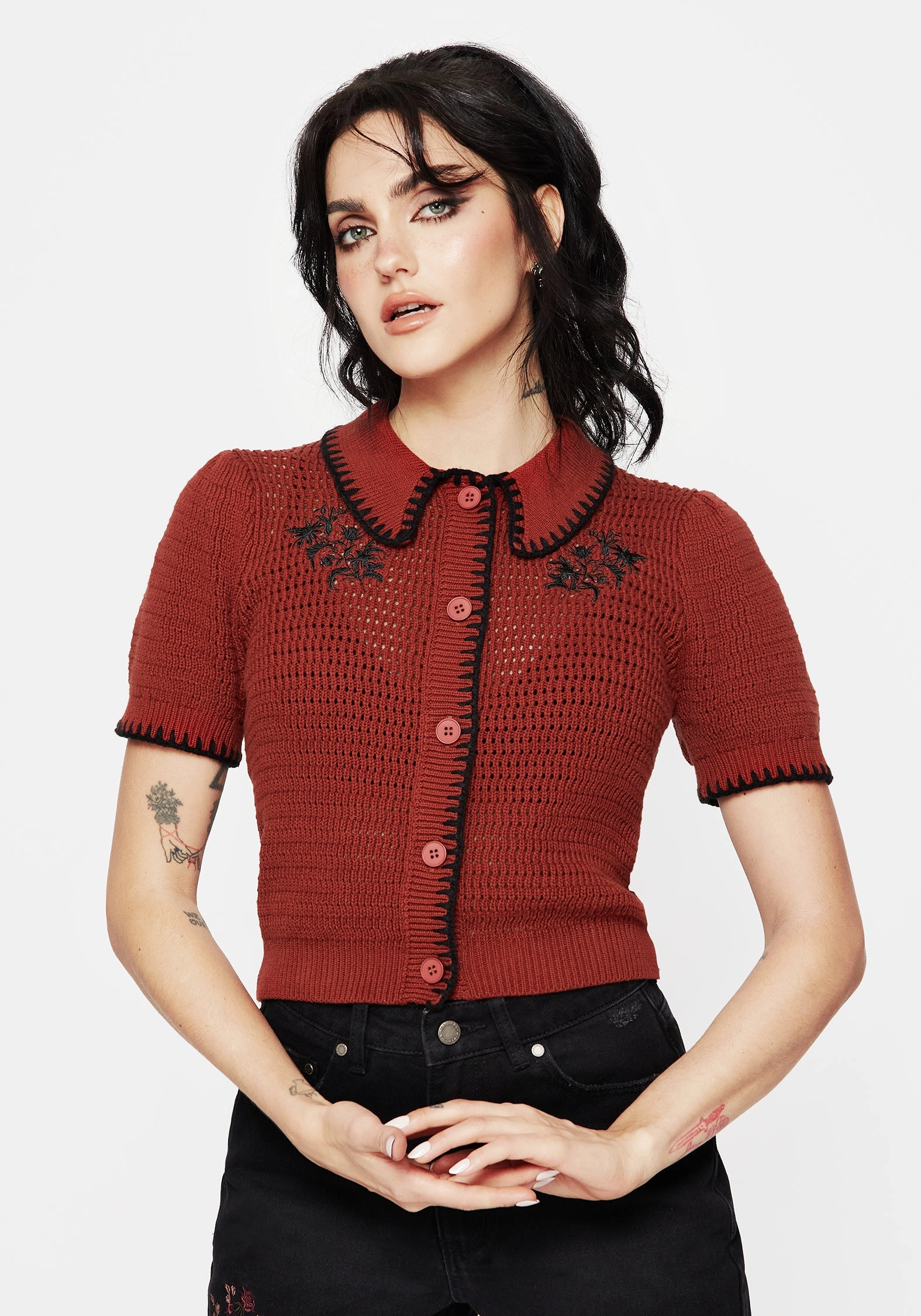 Saffron Floral Embroidered Scallop Collar Pointelle Knit Cardigan Tops Womens - women's blouses clearance