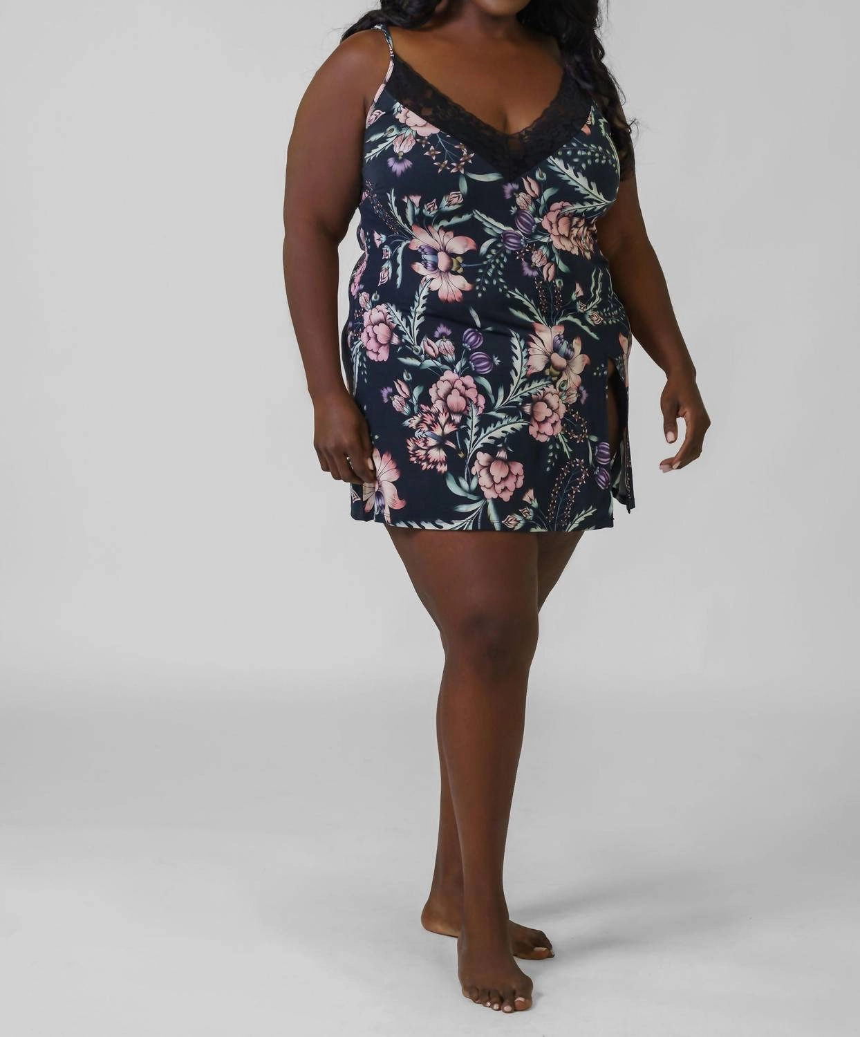 Satin & Lace Mini Slip In Navy