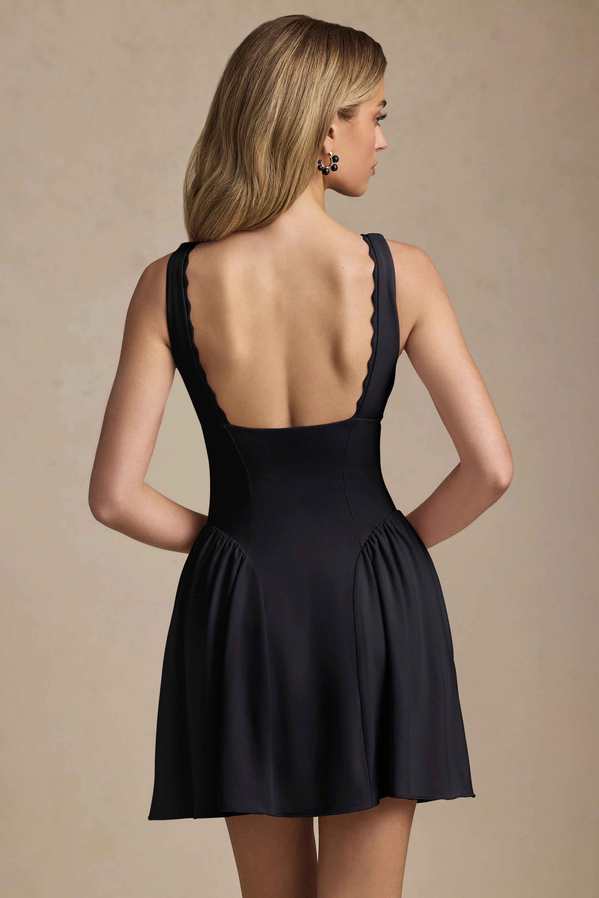 Scallop-Trim A-Line Mini Dress in Black