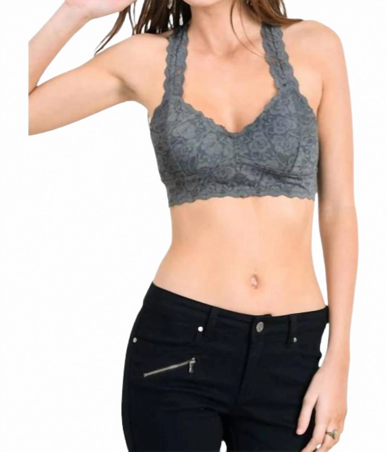 Scalloped Edge Padded Lace Bralette In Grey