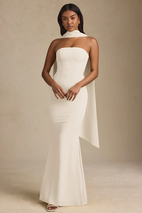 Scarf-Detail Strapless Gown in Ivory Dresses - maxi dresses best price
