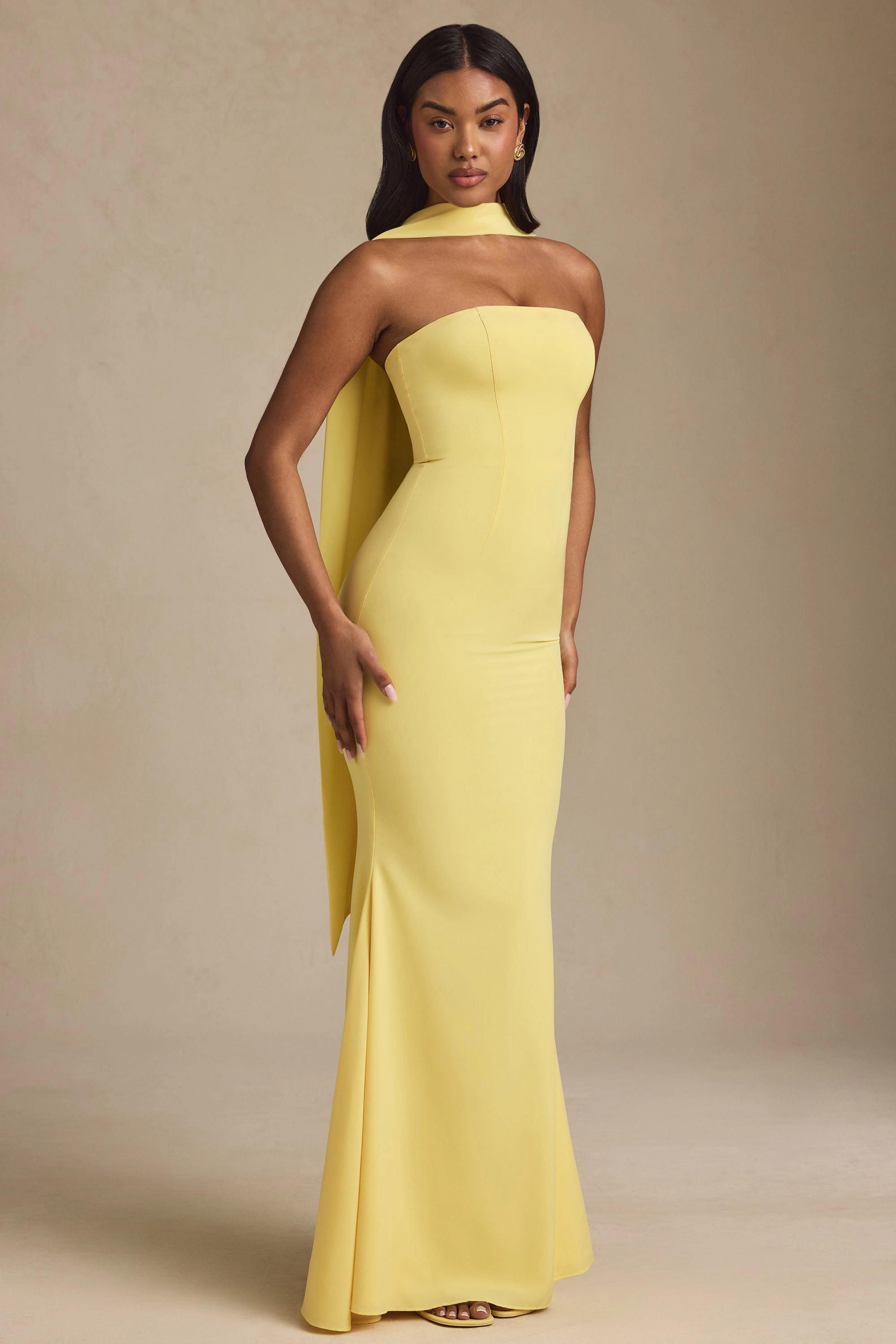 Scarf-Detail Strapless Gown in Pastel Yellow Dresses - maxi dresses best price