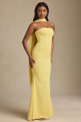 Scarf-Detail Strapless Gown in Pastel Yellow Dresses - maxi dresses best price