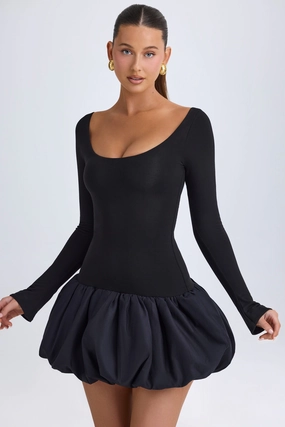 Scoop-Neck Drop-Waist Bubble Hem Mini Dress in Black Dresses - dresses on sale