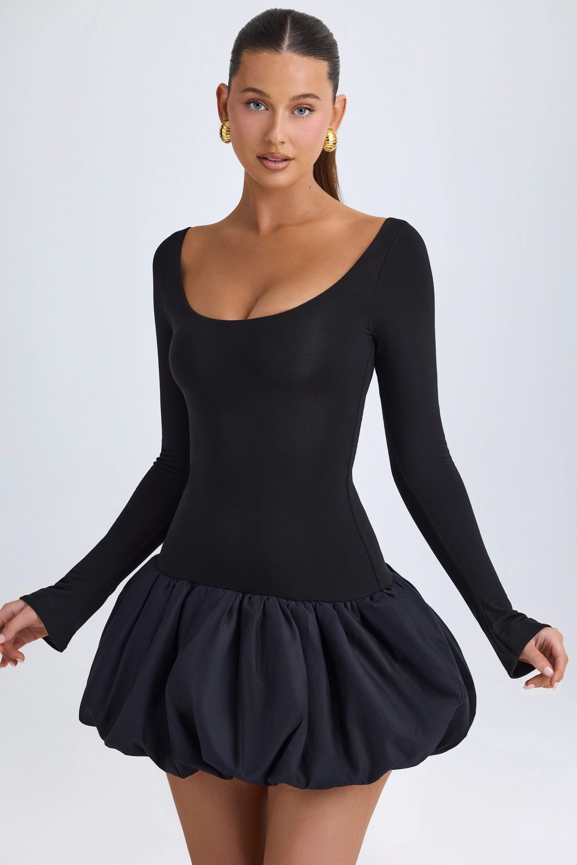 Scoop-Neck Drop-Waist Bubble Hem Mini Dress in Black Dresses - dresses on sale
