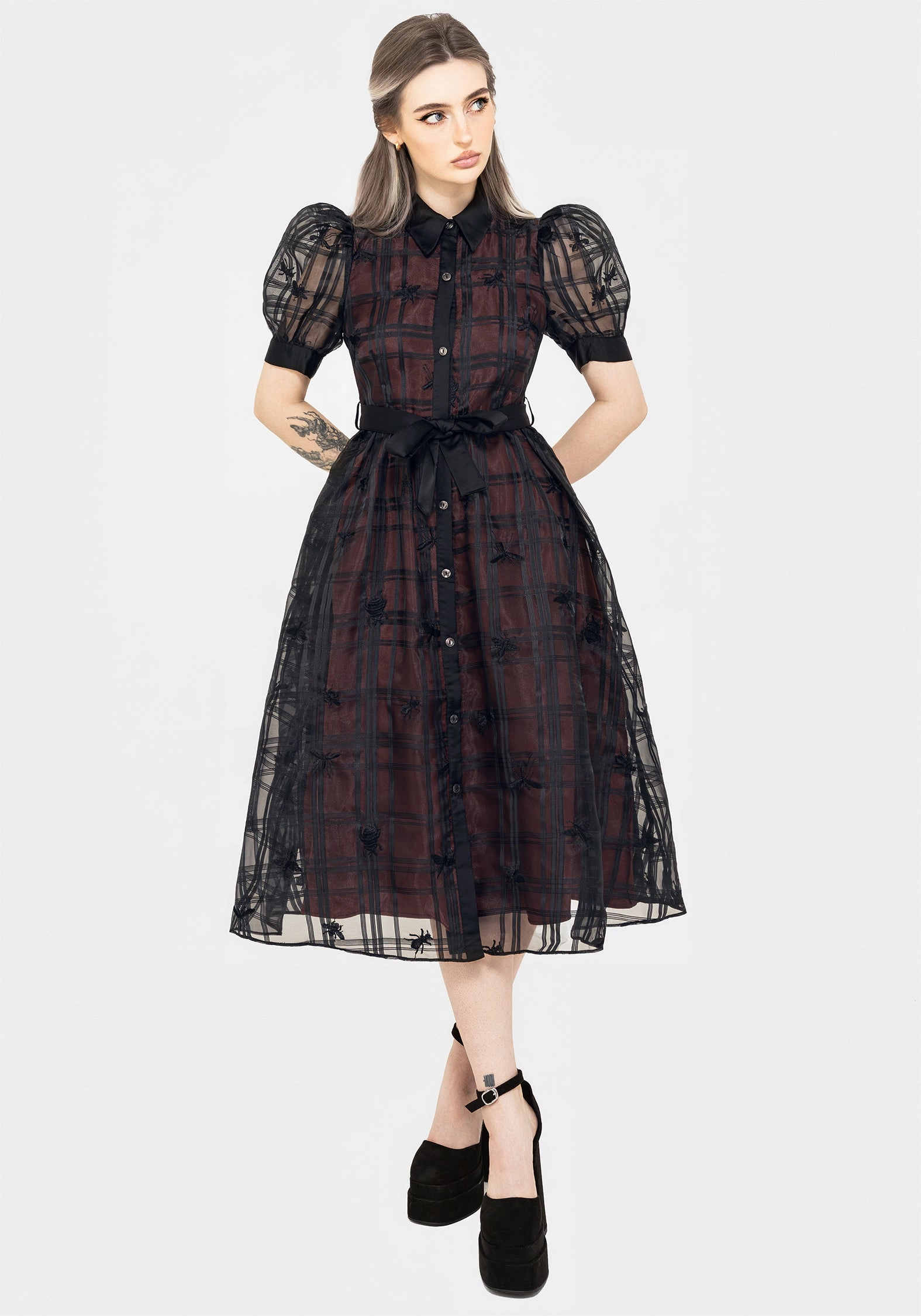 Sedona Organza Check Embroidered Puff Sleeve Midi Shirt Dress Dresses Womens - women's dresses clearance
