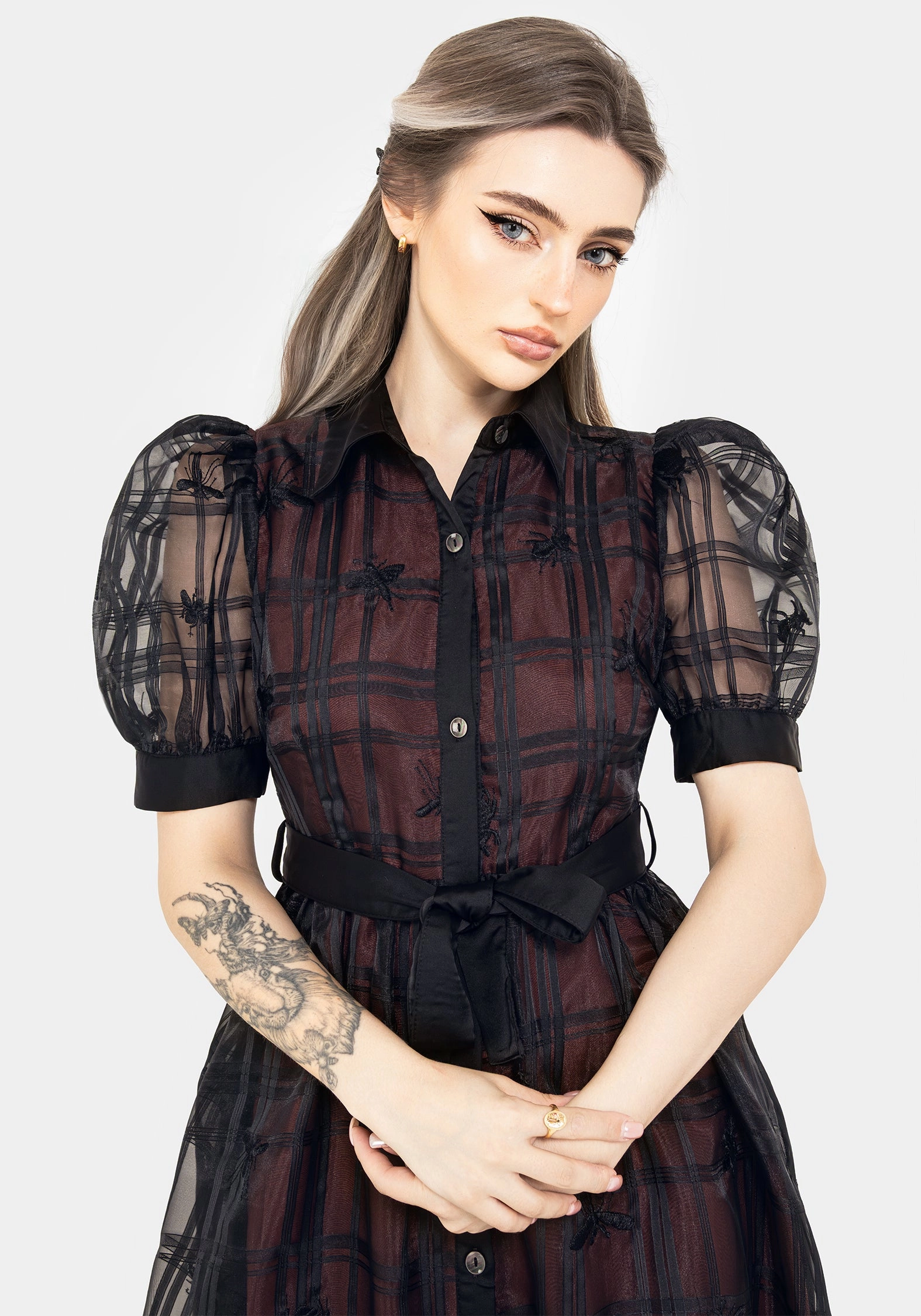 Sedona Organza Check Embroidered Puff Sleeve Midi Shirt Dress