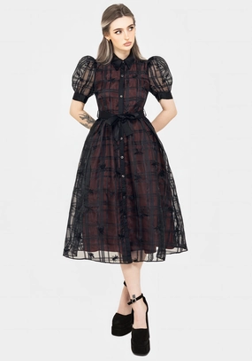 Sedona Organza Check Embroidered Puff Sleeve Midi Shirt Dress Dresses Womens - women's dresses clearance