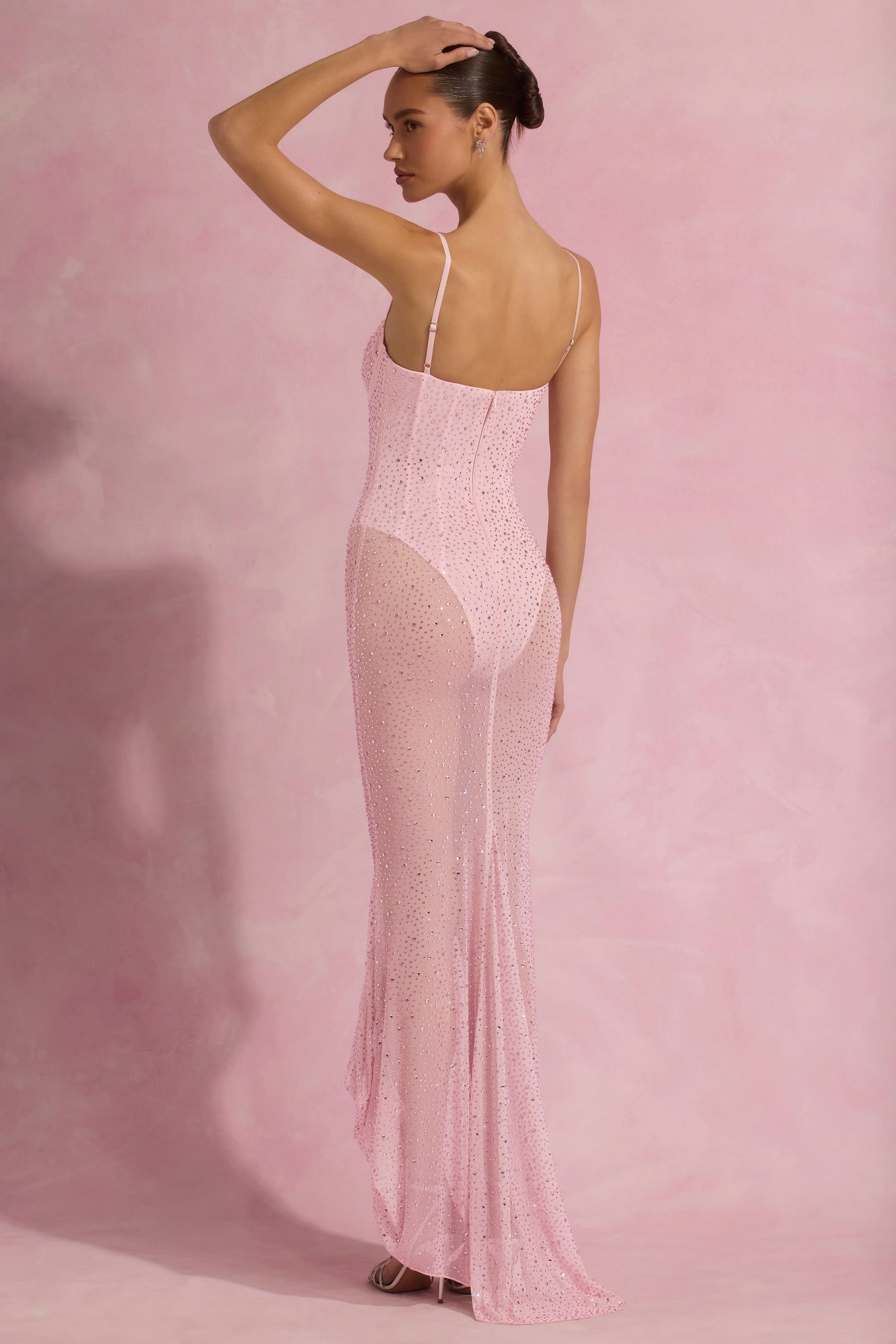 Semi-Sheer Embellished Corset Gown in Pink