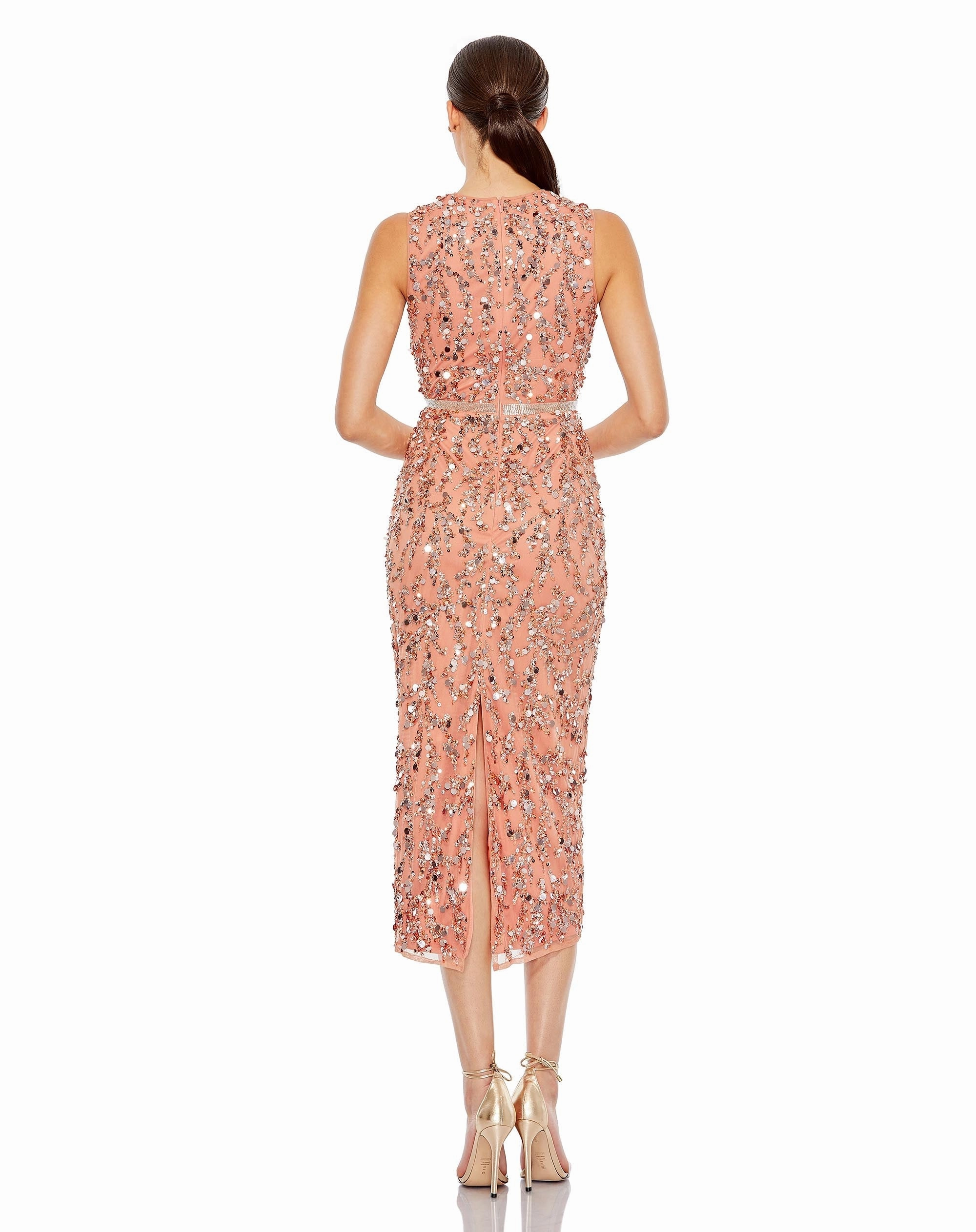 Sequined, high neck, sleeveless sheath midi dress