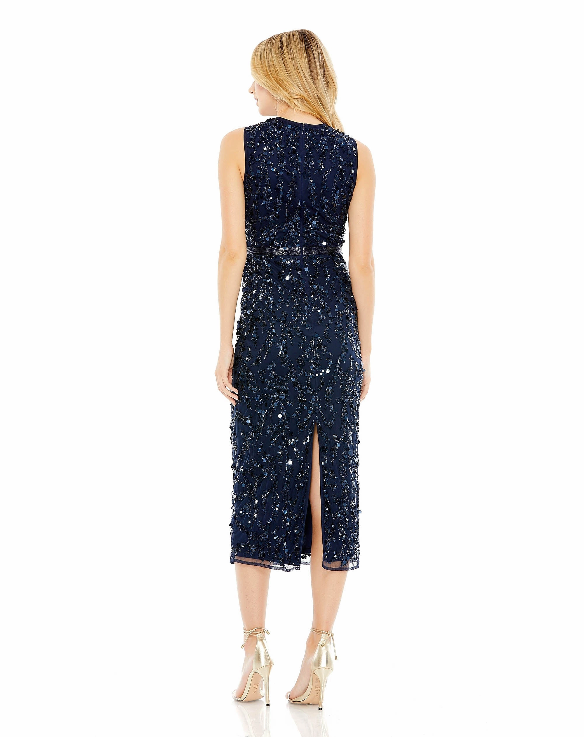 Sequined, high neck, sleeveless sheath midi dress