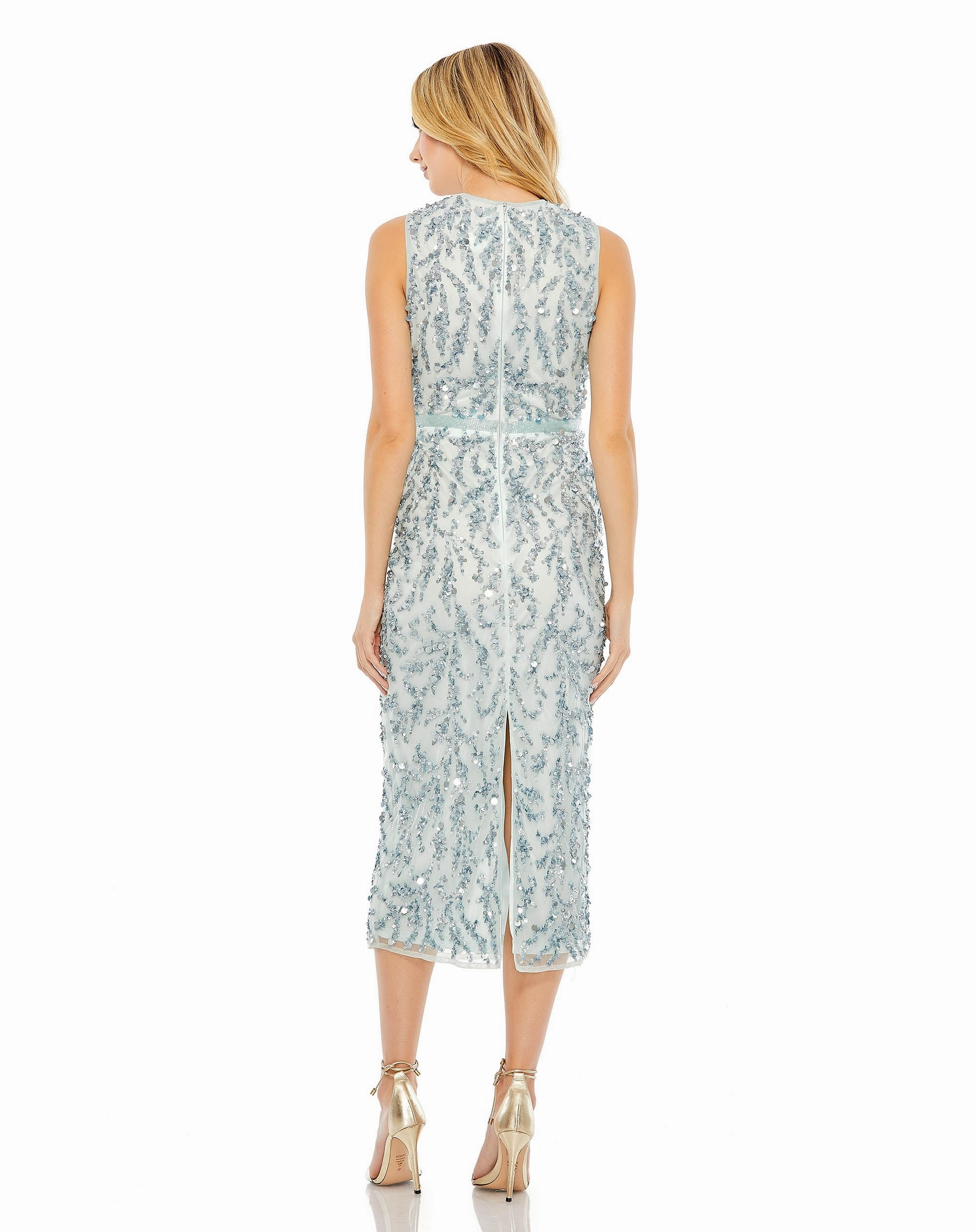 Sequined, high neck, sleeveless sheath midi dress