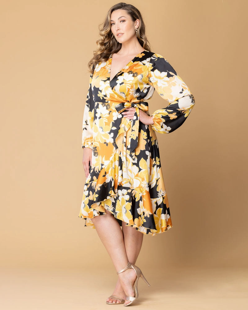 Serena Satin Ruffle Wrap Dress