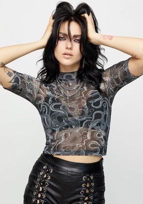 Serpente Print Mesh Short Sleeve Crop Top Tops Womens - women's blouses clearance